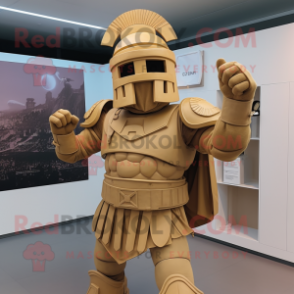 Tan Spartan Soldier mascot costume character dressed with a Playsuit and Cummerbunds