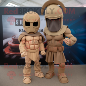 Tan Spartan Soldier mascot costume character dressed with a Playsuit and Cummerbunds