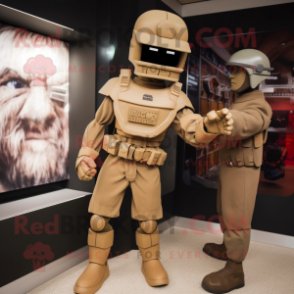 Tan Spartan Soldier mascot costume character dressed with a Playsuit and Cummerbunds