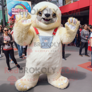 Cream Giant Sloth mascot costume character dressed with a Mom Jeans and Mittens