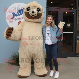 Cream Giant Sloth mascot costume character dressed with a Mom Jeans and Mittens