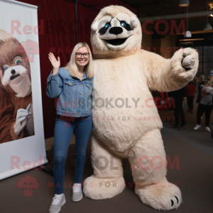 Cream Giant Sloth mascot costume character dressed with a Mom Jeans and Mittens