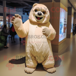 Cream Giant Sloth mascot costume character dressed with a Mom Jeans and Mittens