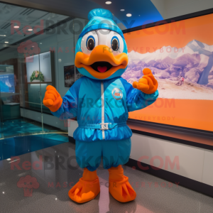 Cyan Mandarin mascot costume character dressed with a Windbreaker and Bracelets