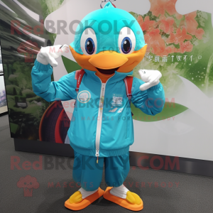 Cyan Mandarin mascot costume character dressed with a Windbreaker and Bracelets