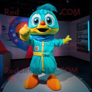 Cyan Mandarin mascot costume character dressed with a Windbreaker and Bracelets