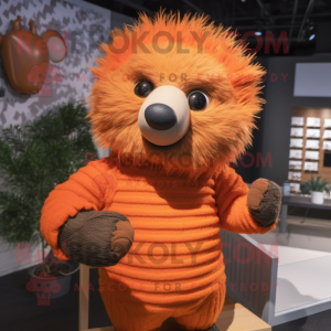 Orange Porcupine mascot costume character dressed with a Sweater and Mittens