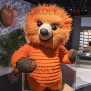 Orange Porcupine mascot costume character dressed with a Sweater and Mittens