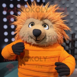 Orange Porcupine mascot costume character dressed with a Sweater and Mittens