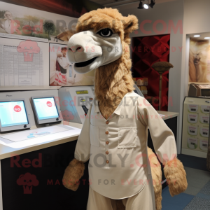 Beige Camel mascot costume character dressed with a Button-Up Shirt and Brooches