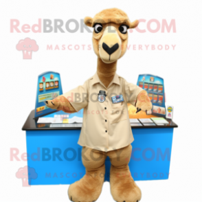 Beige Camel mascot costume character dressed with a Button-Up Shirt and Brooches