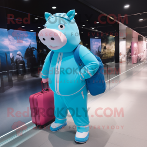 Cyan Pig mascot costume character dressed with a Jumpsuit and Handbags