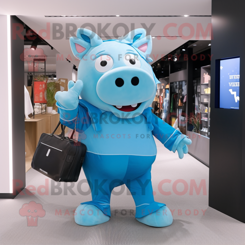 Cyan Pig mascot costume character dressed with a Jumpsuit and Handbags