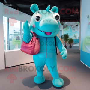 Cyan Pig mascot costume character dressed with a Jumpsuit and Handbags