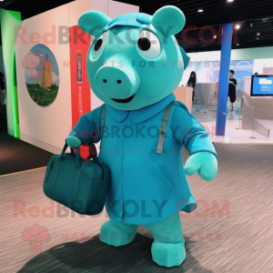 Cyan Pig mascot costume character dressed with a Jumpsuit and Handbags