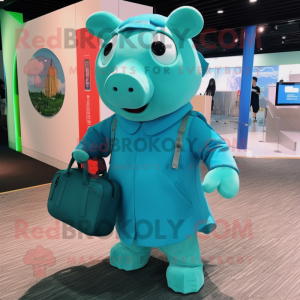 Cyan Pig maskot drakt figur...