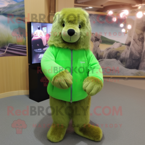 Lime Green Marmot mascot costume character dressed with a Sweater and Hair clips