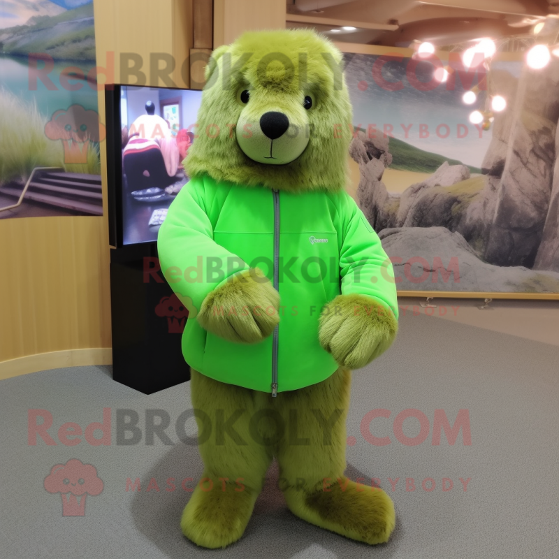 Lime Green Marmot mascot costume character dressed with a Sweater and Hair clips Lime Green Marmot mascot costume character dressed with a Sweater and Hair clips