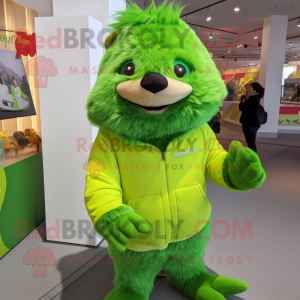Lime Green Marmot mascot costume character dressed with a Sweater and Hair clips