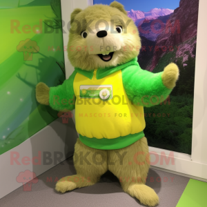 Lime Green Marmot mascot costume character dressed with a Sweater and Hair clips