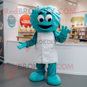 Teal Falafel mascot costume character dressed with a Dungarees and Gloves