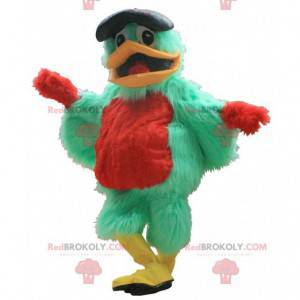 Grøn og rød fuglemaskot med en baret - Redbrokoly.com