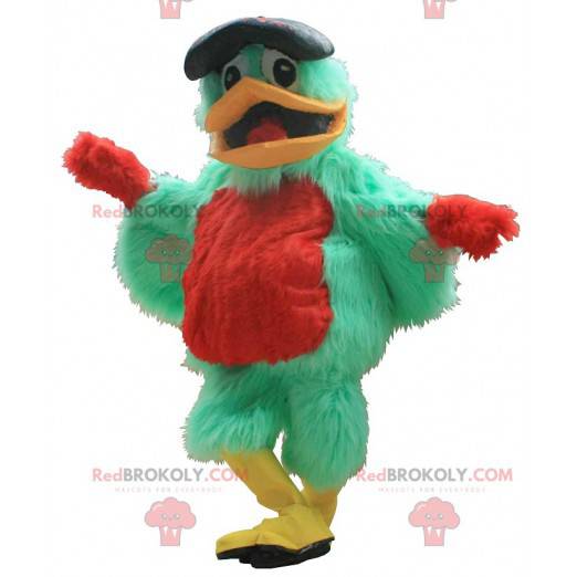 Groene en rode vogel mascotte met een baret - Redbrokoly.com