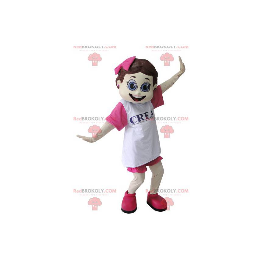 Mascotte ragazza Coquette vestita di rosa e bianco -