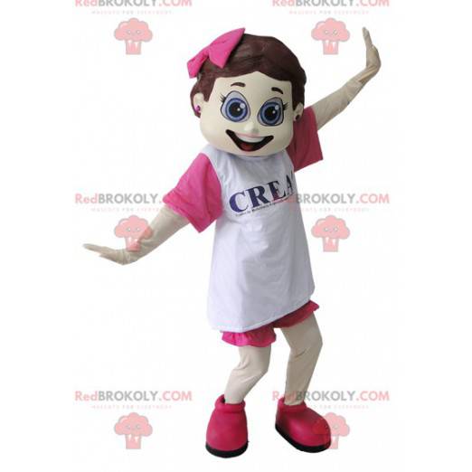 Mascotte de fille coquette habillée en rose et blanc -