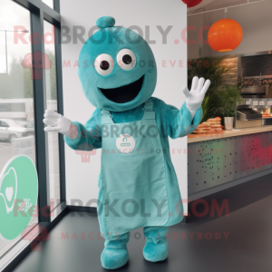 Teal Falafel mascot costume character dressed with a Dungarees and Gloves