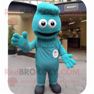 Teal Falafel mascot costume character dressed with a Dungarees and Gloves