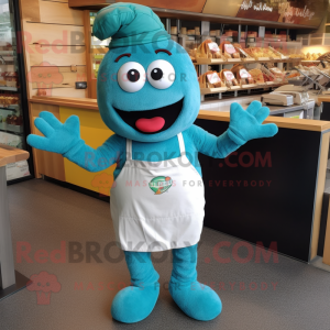 Teal Falafel mascot costume character dressed with a Dungarees and Gloves
