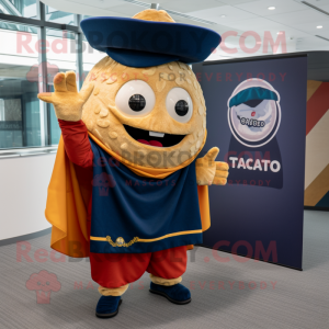 Navy Tacos mascot costume character dressed with a Oxford Shirt and Shawls