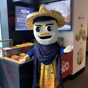 Navy Tacos mascot costume character dressed with a Oxford Shirt and Shawls