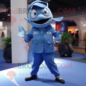 Blue Tuna mascot costume character dressed with a Suit Pants and Caps