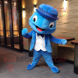 Blue Tuna mascot costume character dressed with a Suit Pants and Caps