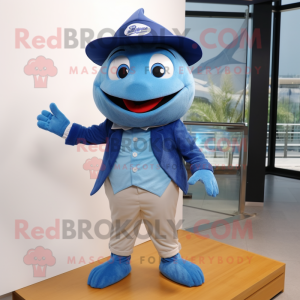 Blue Tuna mascot costume character dressed with a Suit Pants and Caps