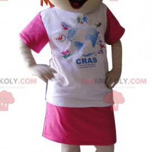 Mascotte de fille rousse habillée en rose et blanc -