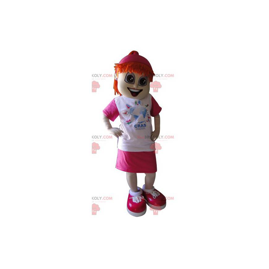 Mascotte ragazza dai capelli rossi vestita di rosa e bianco -