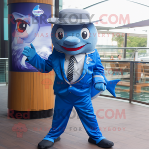 Blue Tuna mascot costume character dressed with a Suit Pants and Caps