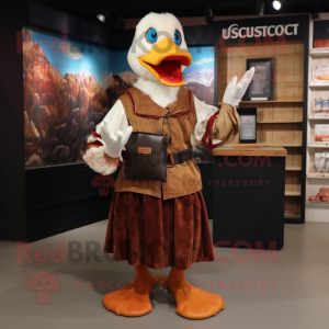 Rust Muscovy Duck mascot costume character dressed with a Wrap Skirt and Gloves