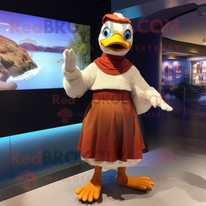Rust Muscovy Duck mascot costume character dressed with a Wrap Skirt and Gloves