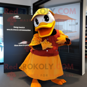 Rust Muscovy Duck mascot costume character dressed with a Wrap Skirt and Gloves