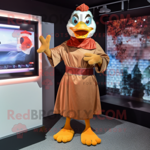 Rust Muscovy Duck mascot costume character dressed with a Wrap Skirt and Gloves