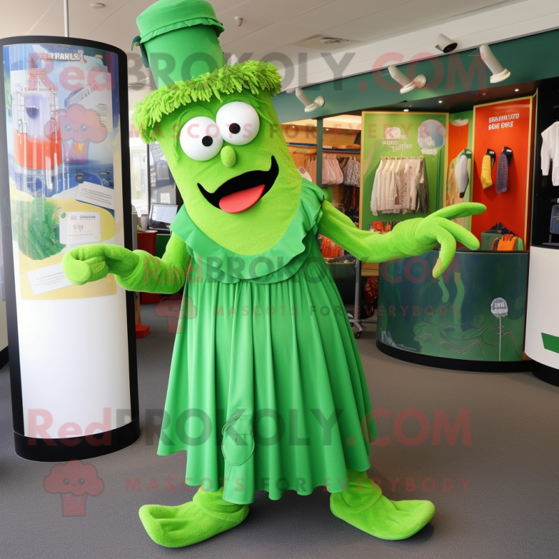 Green Goulash mascot costume character dressed with a A-Line Dress and Cufflinks Green Goulash mascot costume character dressed with a A-Line Dress and Cufflinks