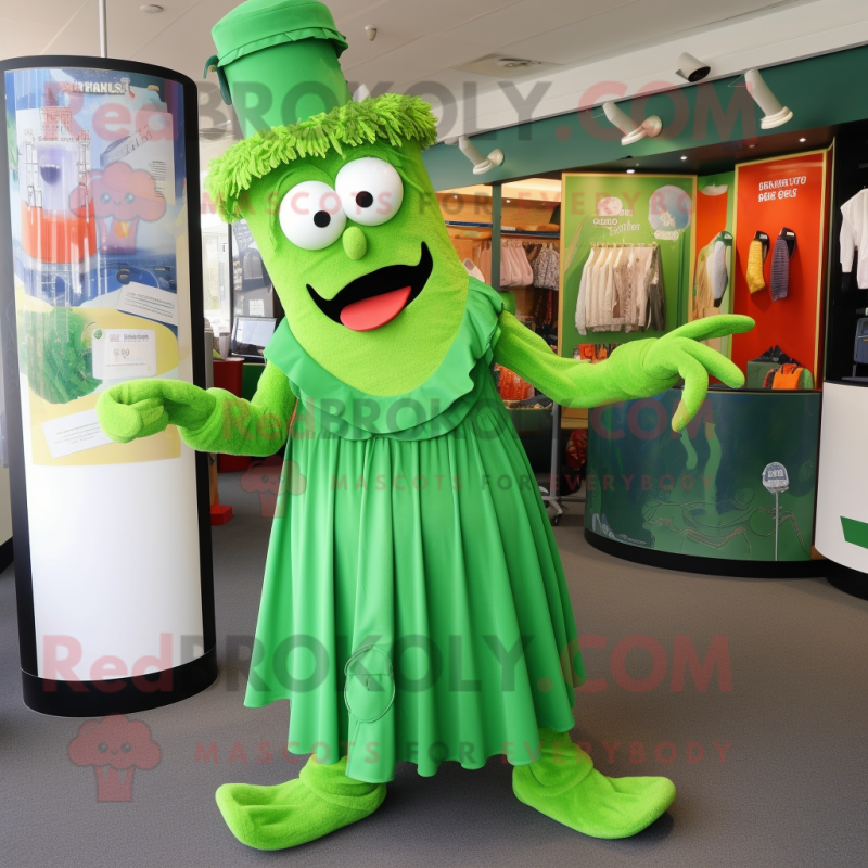 Green Goulash mascot costume character dressed with a A-Line Dress and Cufflinks