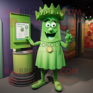 Green Goulash mascot costume character dressed with a A-Line Dress and Cufflinks