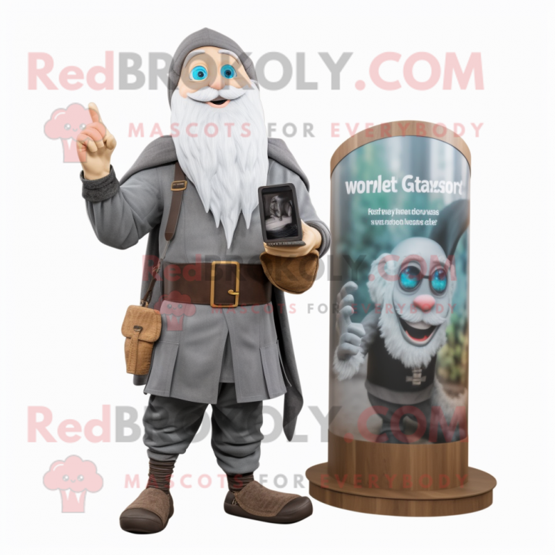 Gray Wizard mascot costume character dressed with a Cargo Shorts and Smartwatches