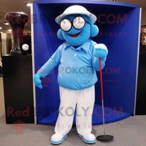 Blue Golf Ball mascot costume character dressed with a Trousers and Reading glasses