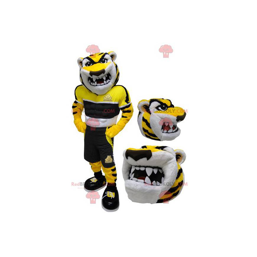 Mascote tigre amarelo preto e branco parecendo feroz -